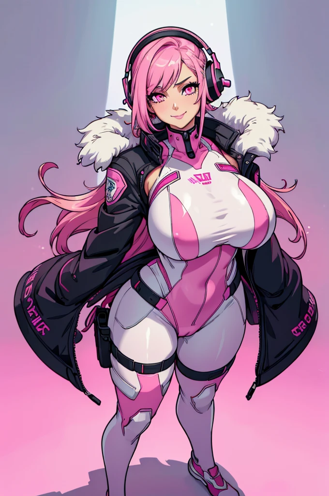 (masterpiece, best quality, high resolution,) a beautiful woman, ((huge breasts)), very messy pink hair, pink eyes, pink lips,, plug-in suit, pink and white pilot suit full body smile, headphones pink and white interface,((white background,)), ((full body standing)),
