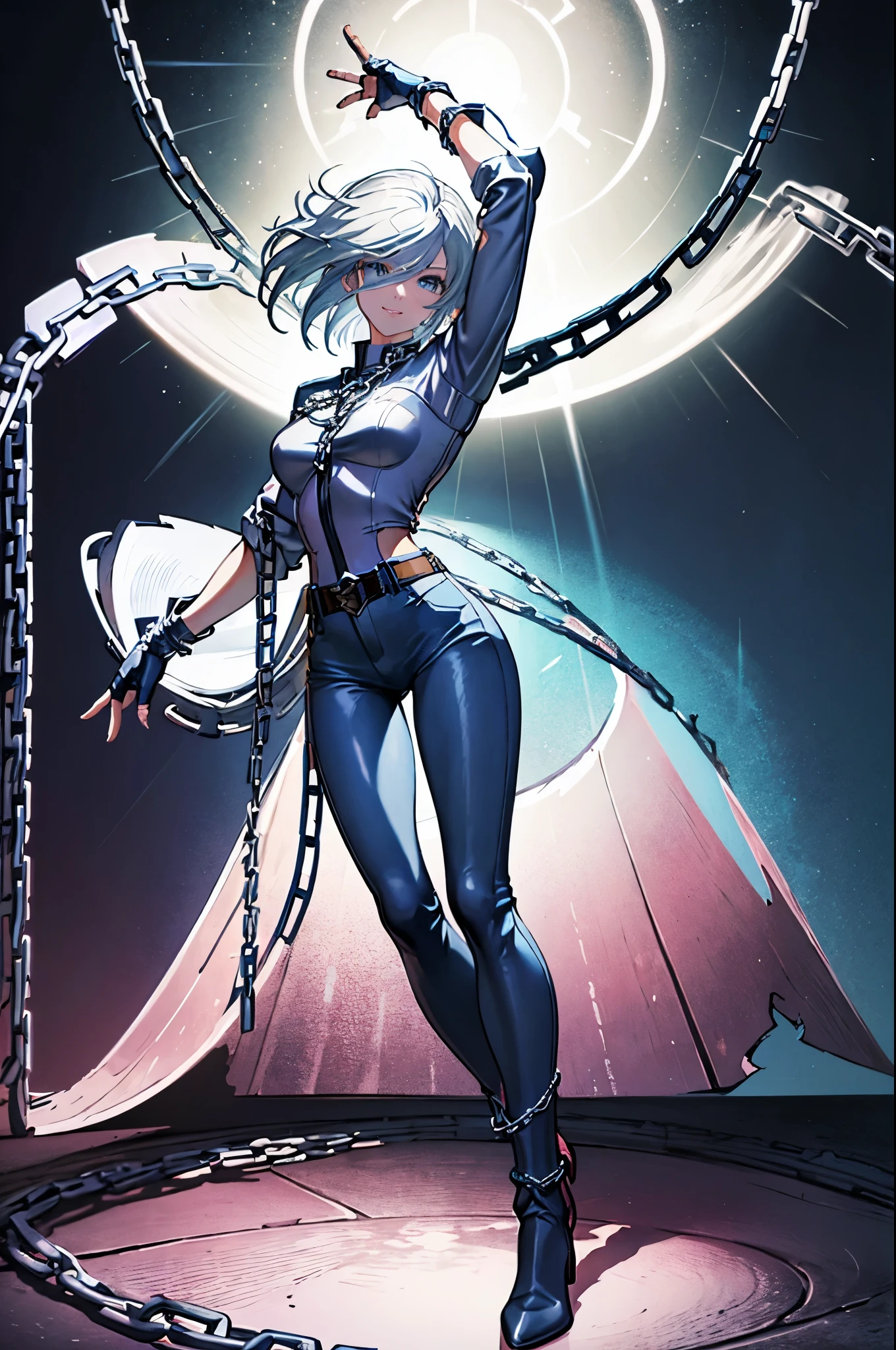 (masterpiece), best quality, silver eyes, perfect face, highres, 1girl, solo, angelms, white hair, white jacket, jeans, fingerless gloves, atacking pose, dancing around chains, evil smile, long boots, fanstasy background, cowboy shot, fullbody shot, looking at the viewer, from front, holding chains, long chain  whip