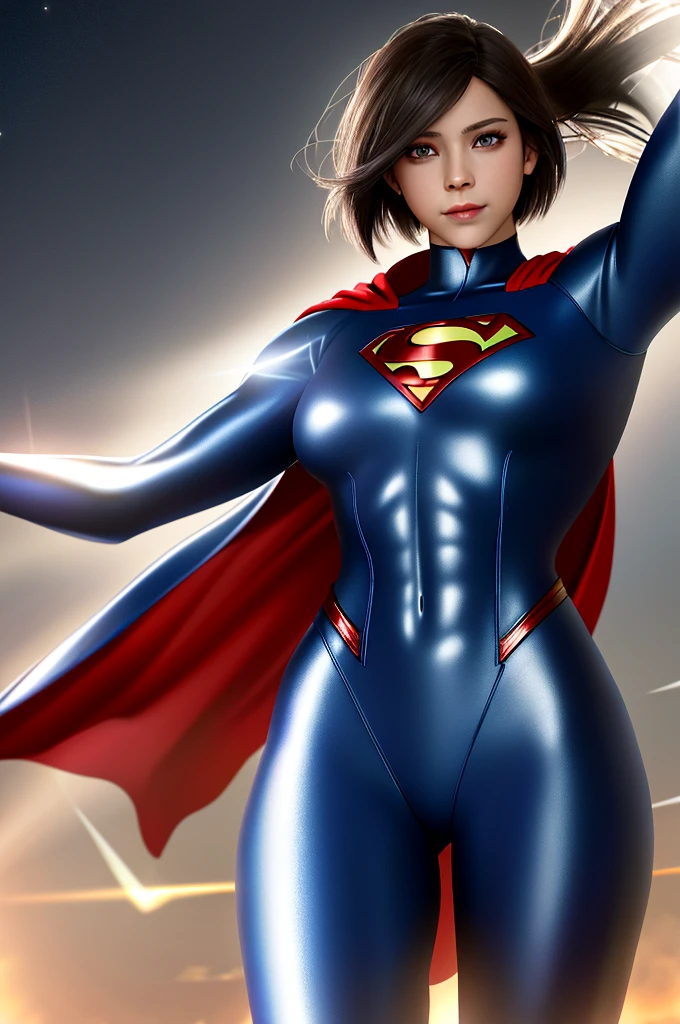 Superman female version.
Young woman dressed in tights, Short bob style hair, blue eyes,
- Entirely white and red fitted suit - suit that enhances female anatomy, 
- Standing, with a firm and confident posture, big hips, big buttocks, small waist, big chest, flying over a city with a determined look.
- In a sensual pose, ready for action, with one arm extended and the other flexed.
- Sensual and mischievous look, transmitting lust .
- A soft but confident smile can add warmth and bring the character closer.
- A cosmic scene with planets and stars, showing your connection to the universe.
- A night landscape,
- Soft, warm light that highlights the textures and details of the suit.
- Shadows that accentuate the muscles and figure, creating a dramatic contrast.
- Light effects that suggest energy and power emanating from the character.
- Hair blowing in the wind, adding dynamism.
- Visual effects such as flashes of light or auras that enhance your power.
- Add moving elements, like hair, to give life and energy to the image.
