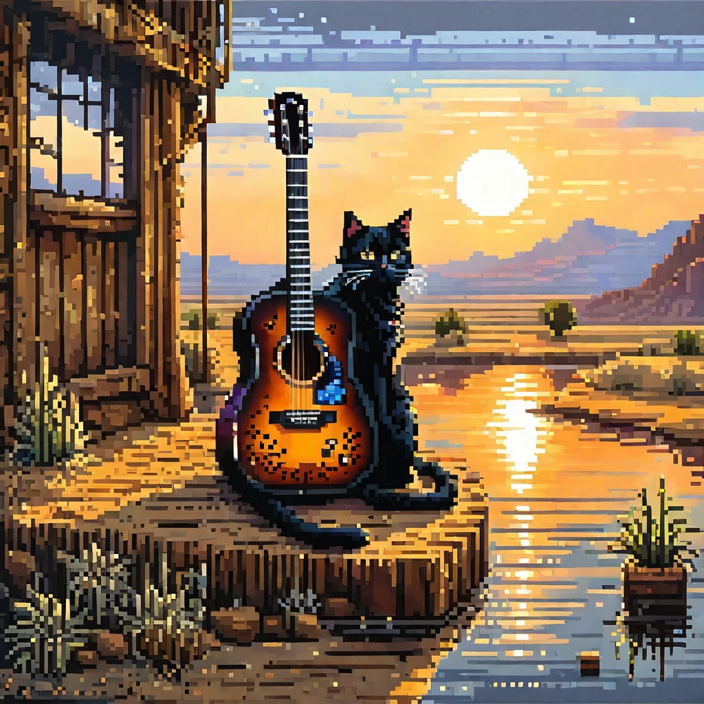 Pixel-Art-Malerei Akustikgitarre wilde schwarze Katze, beste Qualität, Meisterwerk, hohe Details, ultra kompliziert detailliert,abendsonne ödland,