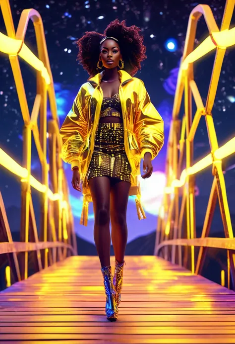 a black woman dressed in african designed cotton clothes and high heels, walking on a floating wooden bridge in outer space, bri...