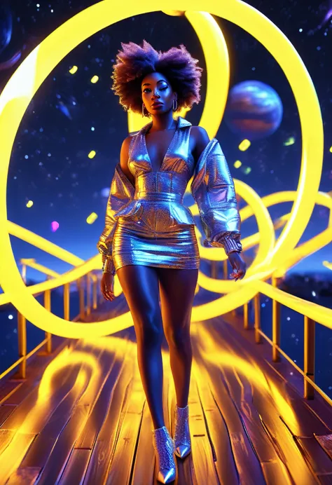 a black woman dressed in african designed cotton clothes and high heels, walking on a floating wooden bridge in outer space, bri...