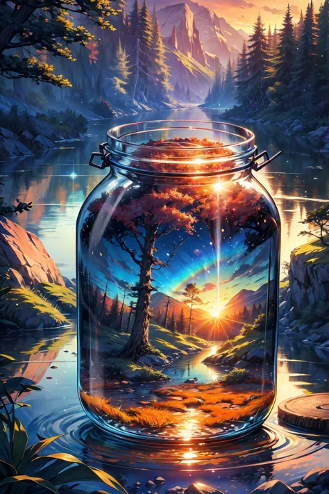 detailed, 8k, beautiful landscape with sunset in the forest and river, rainbow all inside a glass jar, with cork lid