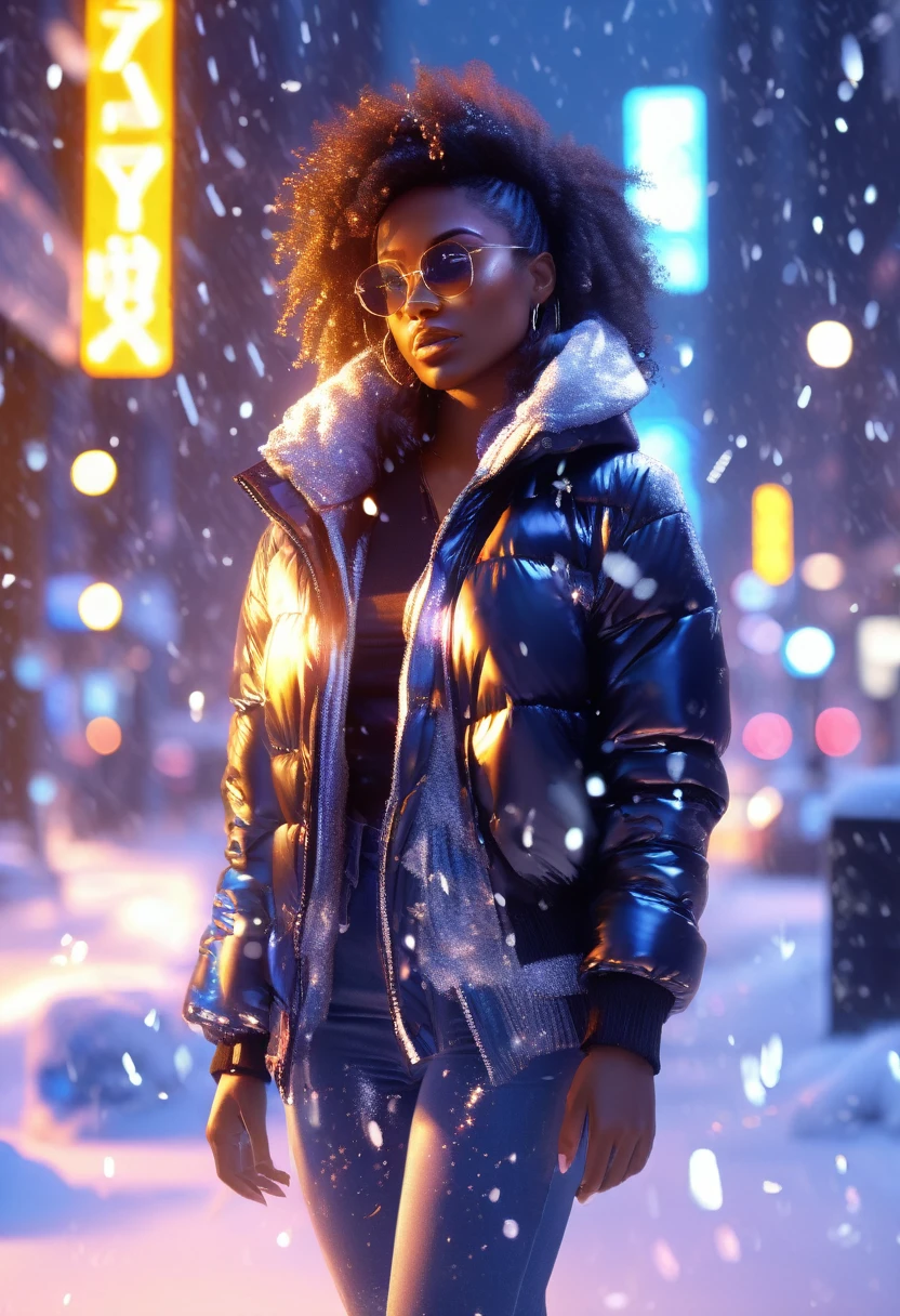 Blue light shining on a black woman dressed in casual clothes, standing in the middle of the city, glittering snow particles falling, glittering snow particles shining a beautiful iridescent cinematic light in the scene, 32k, ultra HD, unreal engine rendered,