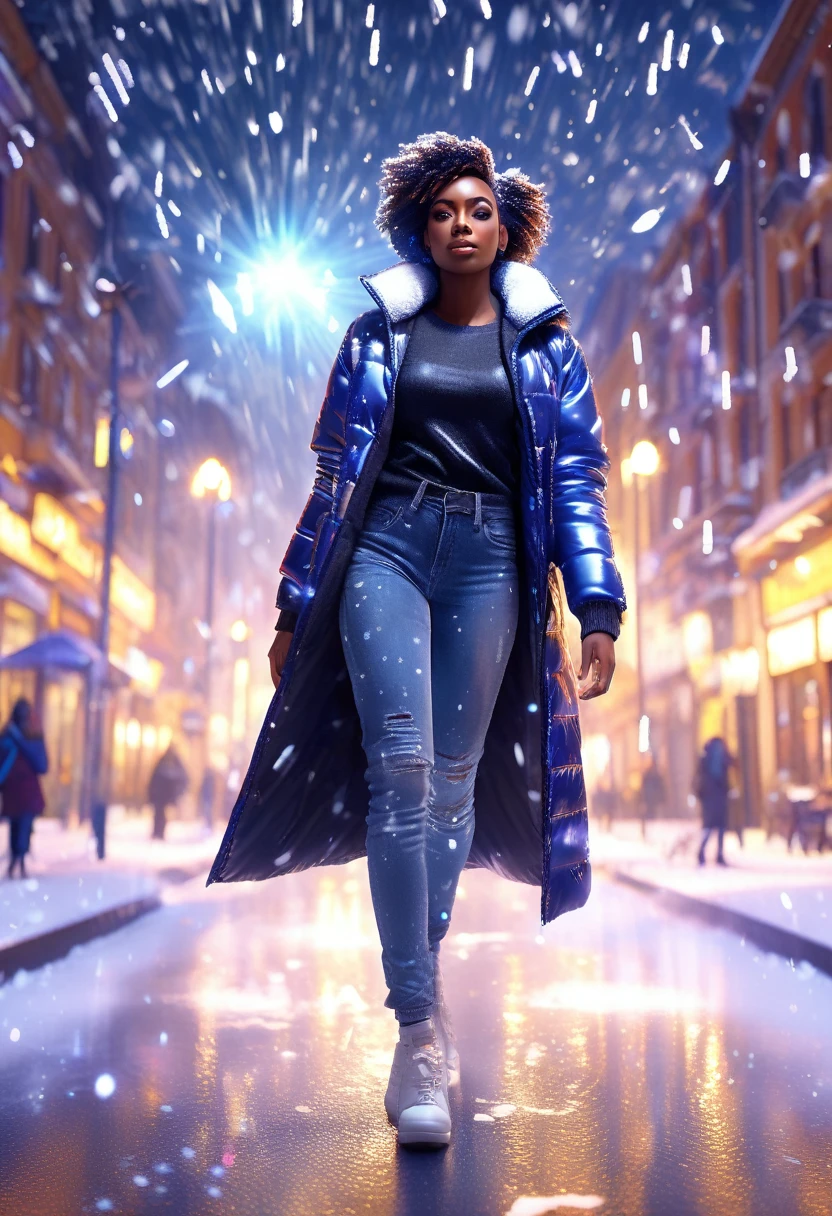 Blue light shining on a black woman dressed in casual clothes, standing in the middle of the city, glittering snow particles falling, glittering snow particles shining a beautiful iridescent cinematic light in the scene, 32k, ultra HD, unreal engine rendered,