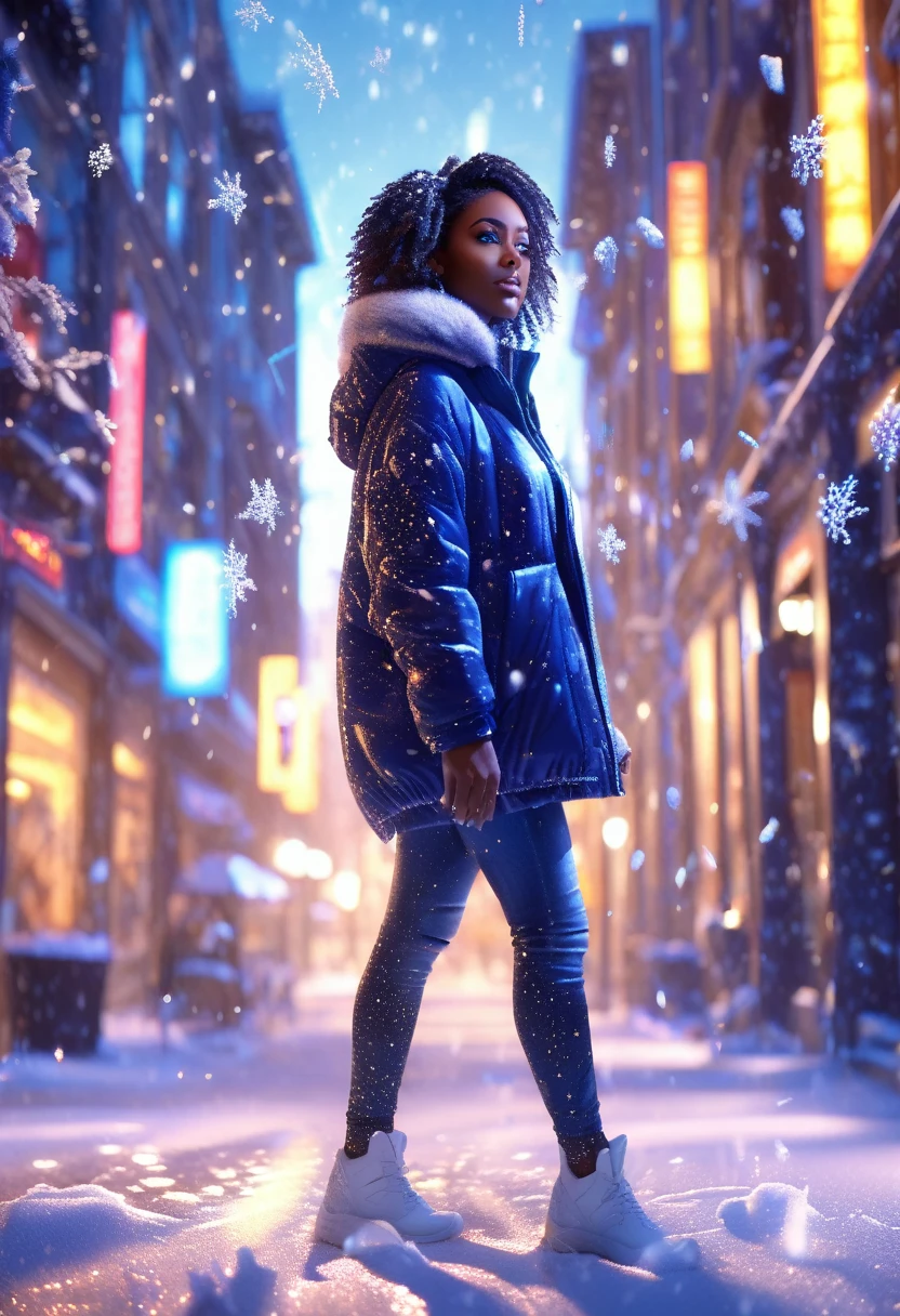 Blue light shining on a black woman dressed in casual clothes, standing in the middle of the city, glittering snow particles falling, glittering snow particles shining a beautiful iridescent cinematic light in the scene, 32k, ultra HD, unreal engine rendered,