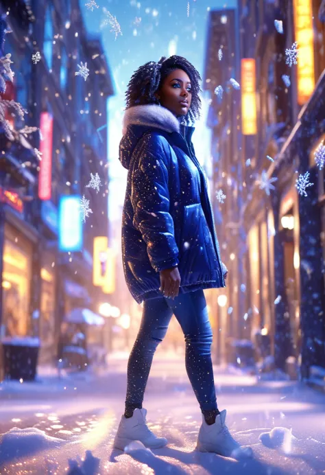 blue light shining on a black woman dressed in casual clothes, standing in the middle of the city, glittering snow particles fal...