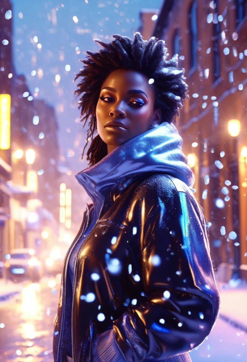 Blue light shining on a black woman dressed in casual clothes, standing in the middle of the city, glittering snow particles falling, glittering snow particles shining a beautiful iridescent cinematic light in the scene, 32k, ultra HD, unreal engine rendered,