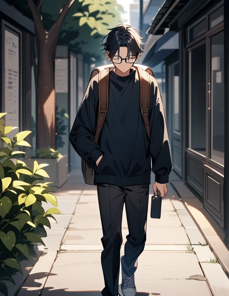 16-year-old teenage boy, long black long hair, wearing a dark blue  and prescription glasses, wearing silver earrings, with a backpack, walking alone and with his head down