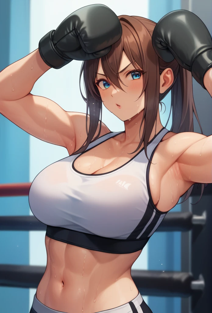 1girl, sports bra, boxing gloves, sweating