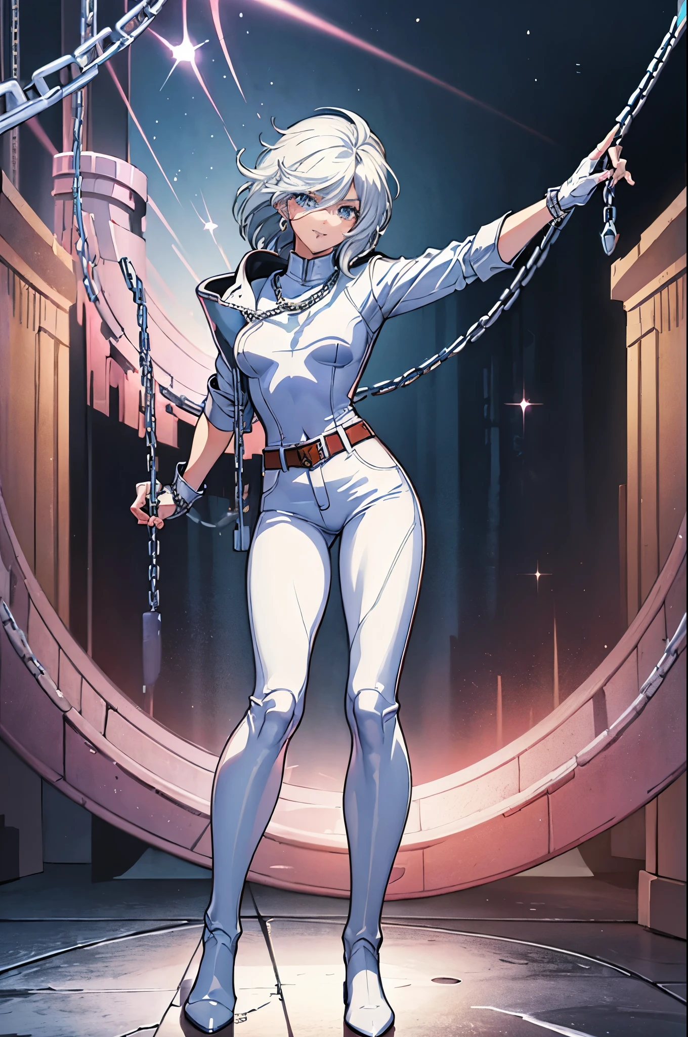 (masterpiece), best quality, silver eyes, perfect face, highres, 1girl, solo, angelms, white hair, white jacket, jeans, fingerless gloves, atacking pose, dancing around chains, evil smile, long boots, fanstasy background, cowboy shot, fullbody shot, looking at the viewer, from front, holding chains, long chain  whip