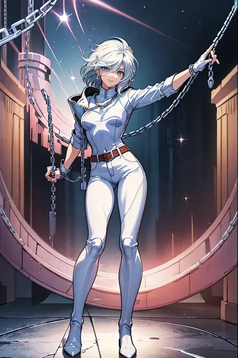 (masterpiece), best quality, silver eyes, perfect face, highres, 1girl, solo, angelms, white hair, white jacket, jeans, fingerle...