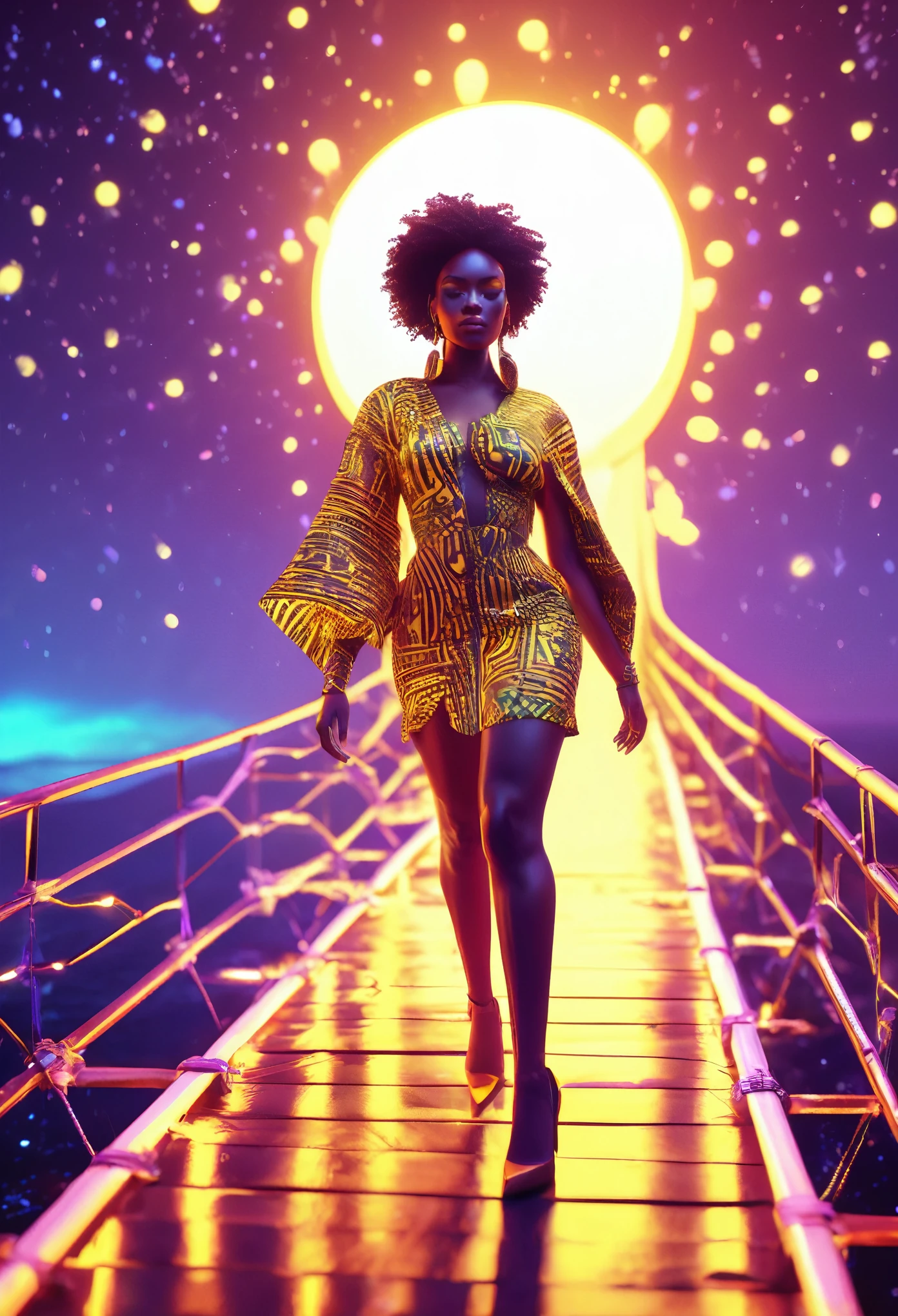 Una mujer negra vestida con ropa de algodón de diseño africano y tacones altos., caminando sobre un puente flotante de madera en el espacio exterior, Puente iluminado por luces de neón amarillas., El puente que conecta con el portal de un planeta blanco., hermosas estrellas iluminadas por neón que brillan partículas de luz iridiscentes en la escena, 32k, ultra alta definición,  motor irreal renderizado, escena hermosa y vibrante. película cinematográfica todavía, filmado en v-raptor XL, grano de la película, Viñeta, Color clasificado, posprocesado, iluminación cinematográfica, película de 35 mm, acción en vivo, mejor calidad, atmosférico, Una obra maestra, épico, impresionante, dramático