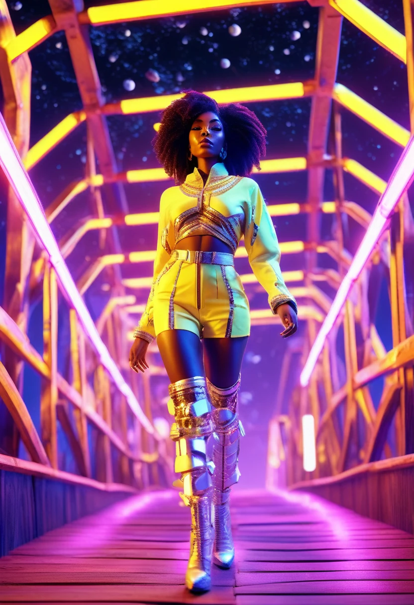 A black woman dressed in african designed cotton clothes and high heels, walking on a floating wooden bridge in outer space, bridge lit by yellow neon lights, the bridge connecting to a white planet portal, beautiful neon lit stars shining iridescent light particles in the scene, 32k, ultra HD,  unreal engine rendered, beautiful and vibrant scene. Cinematic film still, shot on v-raptor XL, film grain, vignette, color graded, post-processed, cinematic lighting, 35mm film, live-action, best quality, atmospheric, a masterpiece, epic, stunning, dramatic