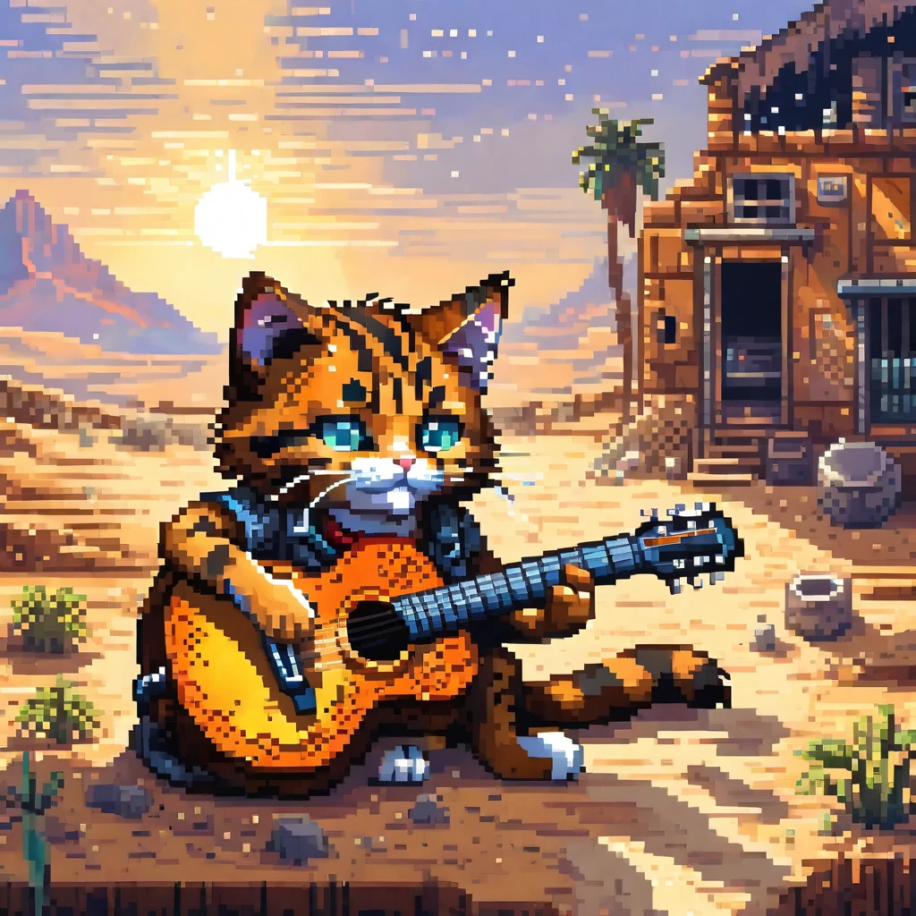 um gato selvagem tocando violão em estilo pixel art, detalhado pôr do sol do deserto, melhor qualidade, obra de arte, ultra intrincado detalhado, altos detalhes um olho cicatriz,