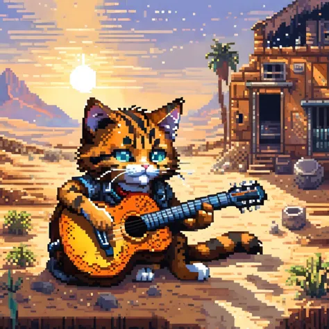 a wild cat playing an acoustic guitar in a pixel art style, detailed evening sun wasteland, best quality, masterpiece, ultra int...
