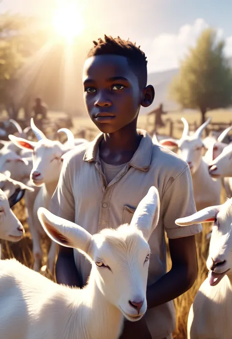 a black african boy in a farm of goats, goats eyes shining white, ethereal smoke covering the farm, white sun in background shin...