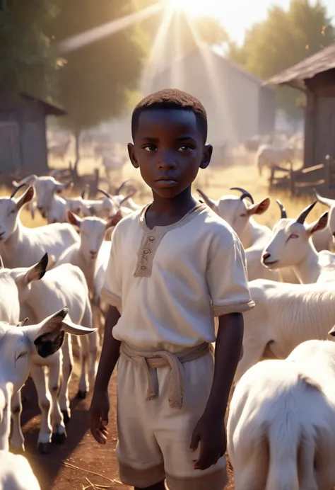 a black african boy in a farm of goats, goats eyes shining white, ethereal smoke covering the farm, white sun in background shin...