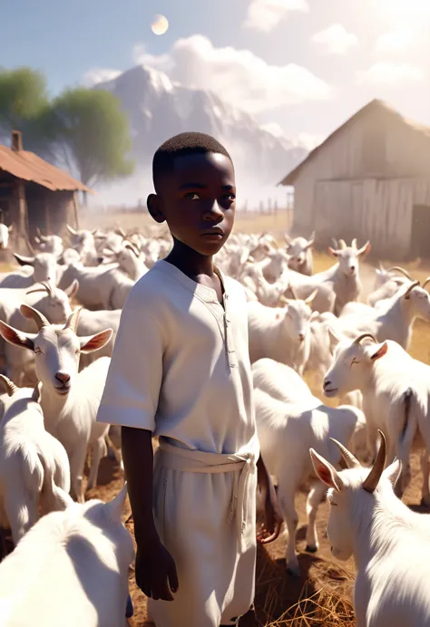 a black african boy in a farm of goats, goats eyes shining white, ethereal smoke covering the farm, white sun in background shin...