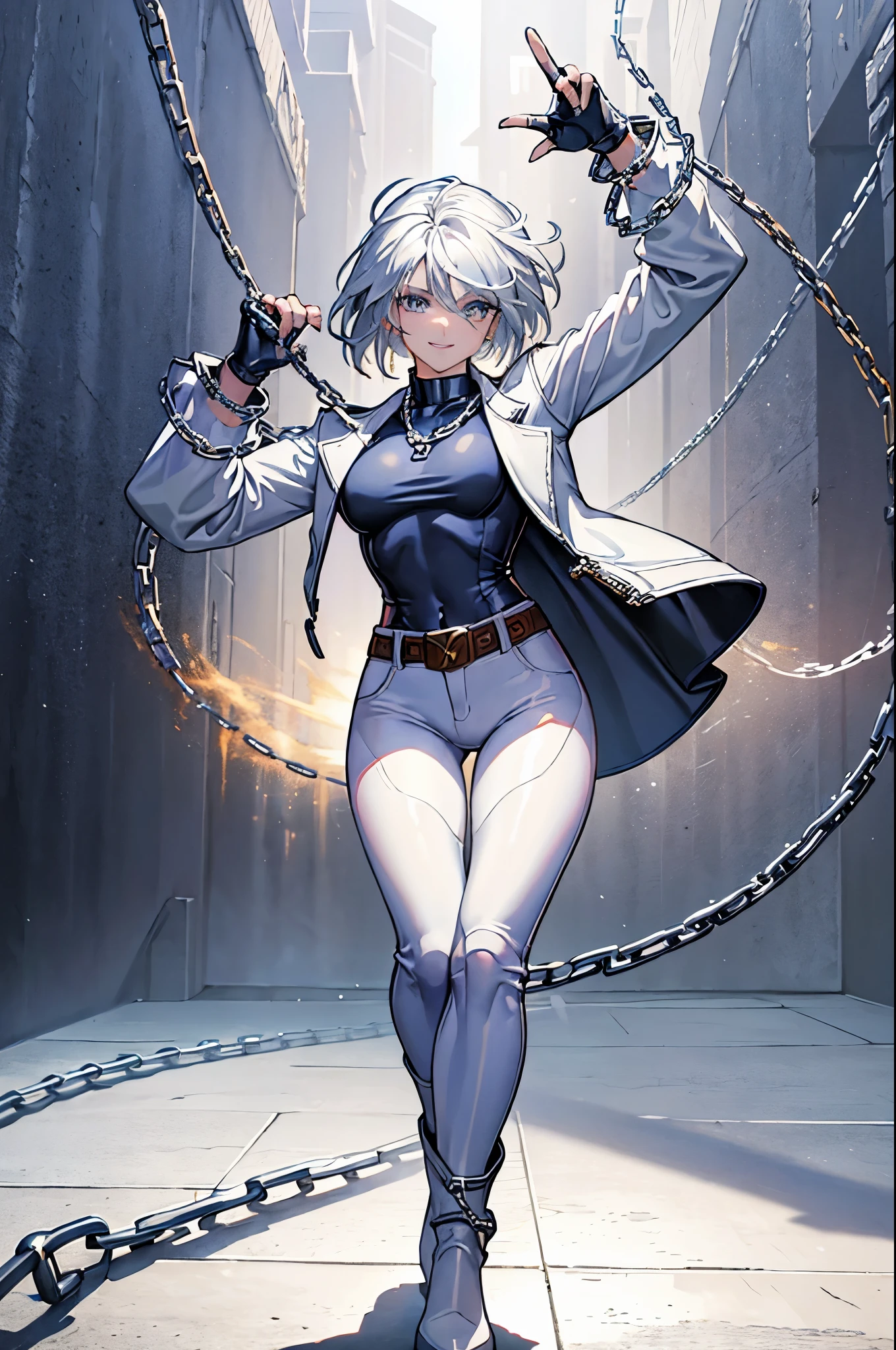 (masterpiece), best quality, silver eyes, perfect face, highres, 1girl, solo, angelms, white hair, white jacket, jeans, fingerless gloves, atacking pose, dancing around chains, evil smile, long boots, fanstasy background, cowboy shot, fullbody shot, looking at the viewer, from front, holding chains, long chain  whip