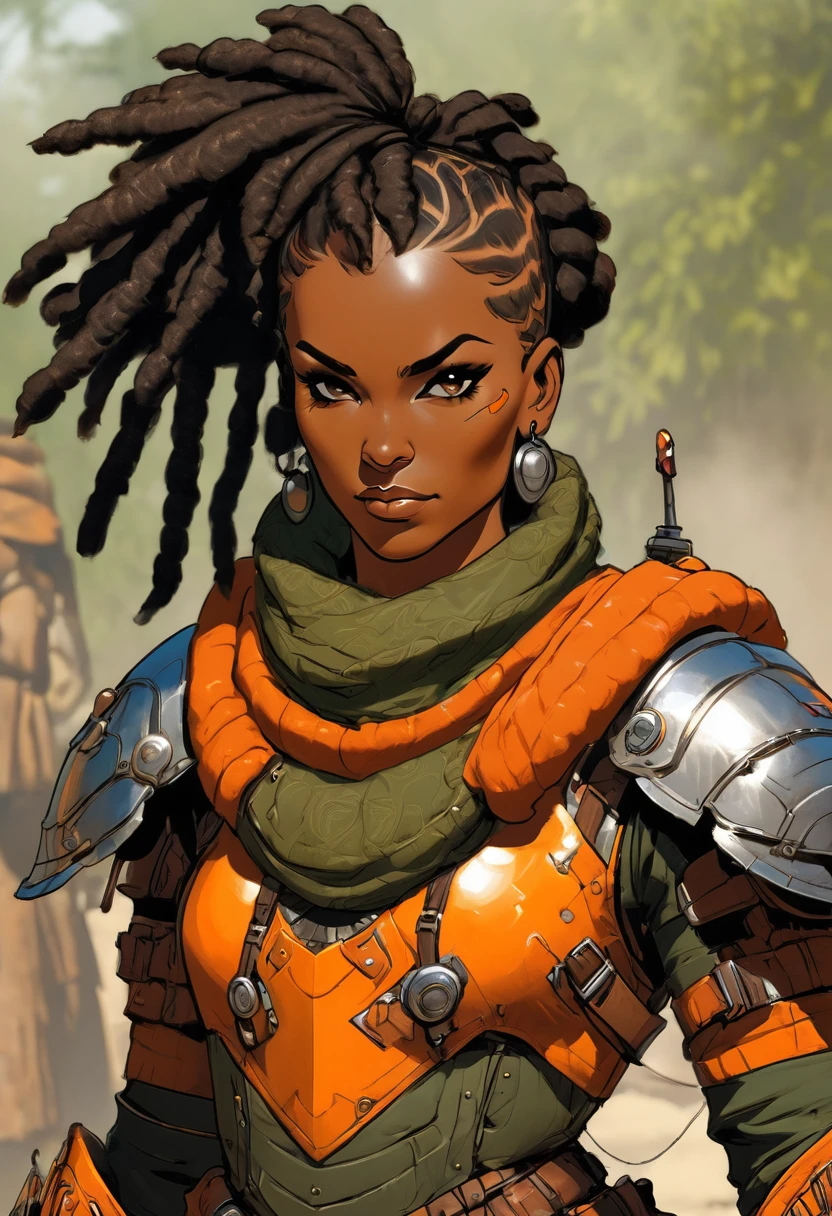  imagine a high tech barbarian combining futuristic heavy orange armored space suit with primitive (barbaric furs) and loin cloth, her outer armor is a bold orange while her under layers are a dark green. under the armor liner covers her upper body and arms under the armor. The power armor has chipped pain and scratches from many battles, it has rivets and a very heavy looking chest plate, there are hoses on the chest plate. visible wires pistons and gears connect the shoulder pads to the armored gloves. She is a muscular black woman with her short hair pulled back in dreadlocks. Black fur lines the shoulder pads, she wears a (black fur loincloth:1.1)