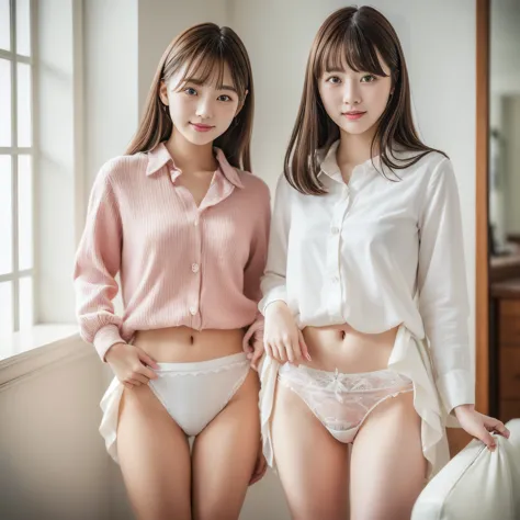 Highly detailed CG Unity 8k wallpaper、Highest quality、Ultra-detailed、masterpiece、Realistic、Photo realistic、A cute girl drawn in great detail、20-year-old、(Skirt rip)、(Roll up the skirt yourself))、White panties、Panty Focus、blush、Semi Body Shot、Wearing a ruffled shirt、Luxury