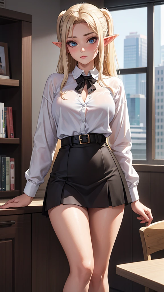 20 year old girl, black office miniskirt, white transparent blouse unbuttoned, Elf&#39;s ears, naked