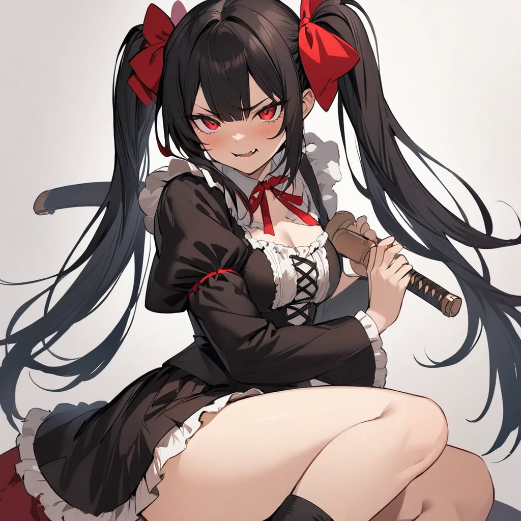 Top quality, masterpiece, high resolution, vampire girl, beautiful black hair, twintails, red eyes, gothic lolita dress, black lace, condescending smile, Sharp fangs,darkness