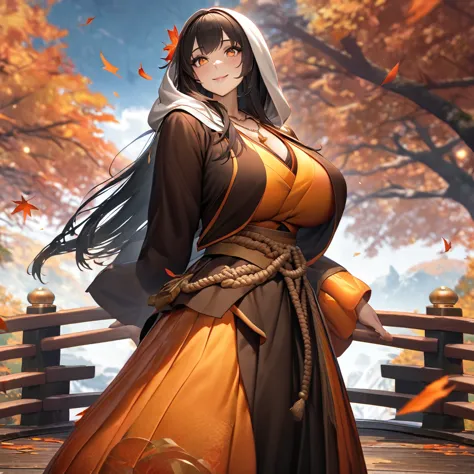 a woman wearing an orange monk uniform with long sleeves, a long dress,japanese style necklace around the neck, on a japanese ae...