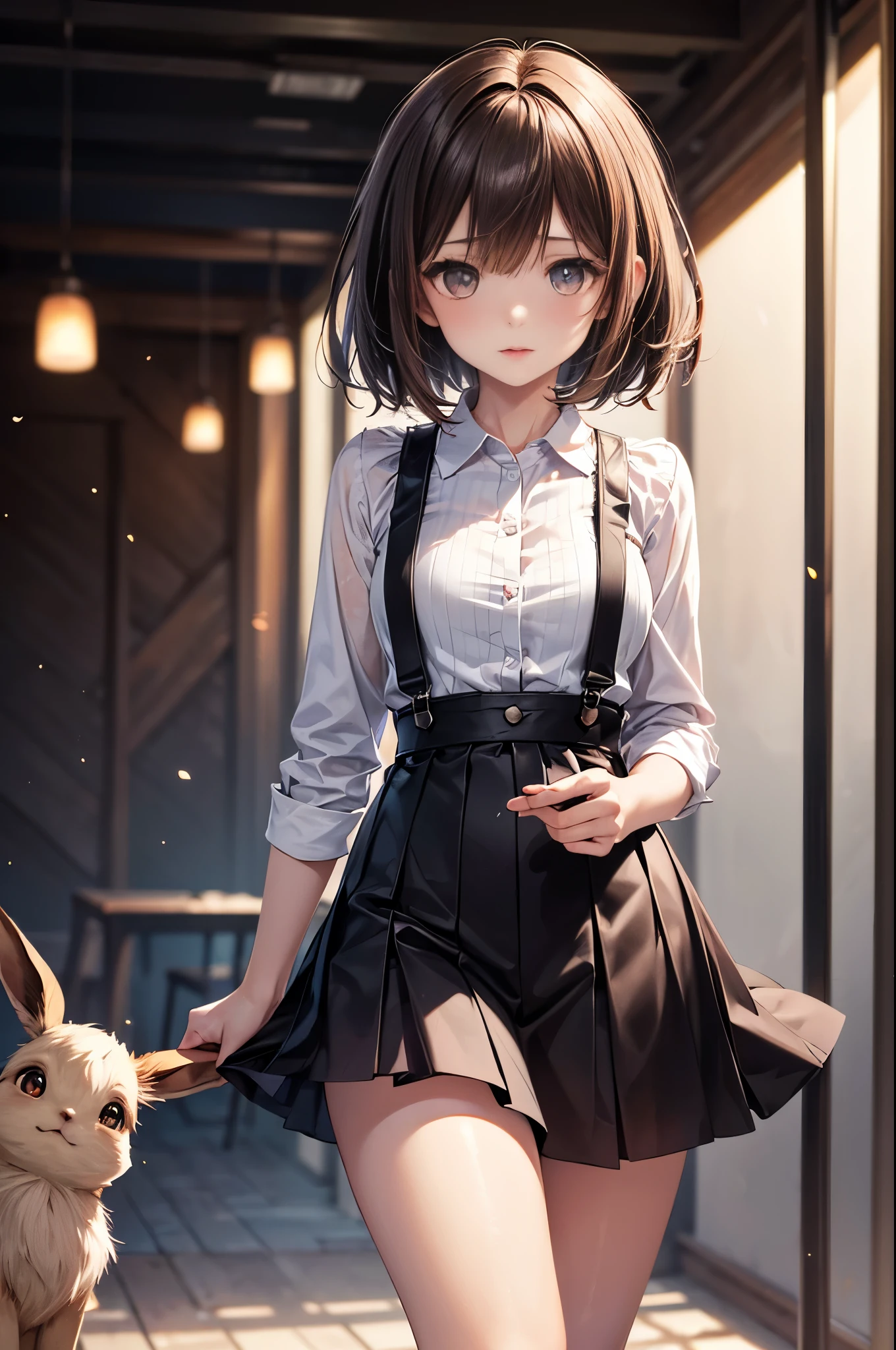 (Best quality,8k,high resolution,masterpiece:1.2),Digital Artwork, A girl，Delicate face，Delicate eyes，Dark brown hair，Short straight hair，Shining amber eyes，Red lips，suspender long skirt，particle，dust，Warm colors，shy，in love，Eevee drawing，(HD skin)，Shallow depth of field，Film photos