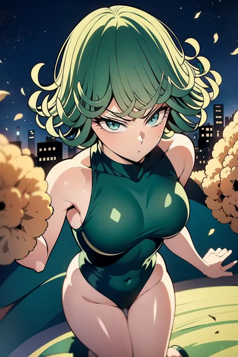 (8k resolution), (tatsumaki from one punch man), body of perfection, pose in a pie-shaped slice (as if she's slicing a pie), hai...