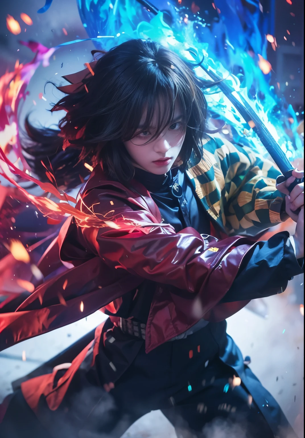 Giyuu tomioka, demon slayer, angry mode, black long hair, purple eyes lit up, pink clothes, green red, swing a sworld, wather effect:1.2, light effect:1.2, fire effect:1.2, background beautiful sky:1.2. ultra-realistic, ultra-detailed, high resulution, best quality, masterpiece 