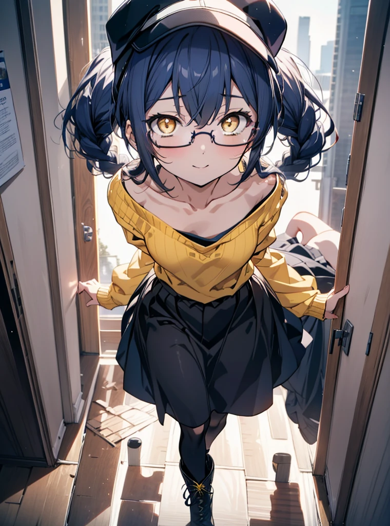 you like it, Umi Sonoda, Long Hair, Blue Hair, (Yellow Eyes:1.5) (Flat Chest:1.2),Blue one-shoulder sweater,Long skirt,Black Pantyhose,short boots,Baseball cap,Black-rimmed glasses,Long braids,smile,walk,morning,morning陽,The rising sun,On the way to school,whole bodyがイラストに入るように,
break looking at viewer,whole body,
break outdoors, station,
break (masterpiece:1.2), Highest quality, High resolution, unity 8k wallpaper, (shape:0.8), (Beautiful attention to detail:1.6), Highly detailed face, Perfect lighting, Extremely detailed CG, (Perfect hands, Perfect Anatomy),