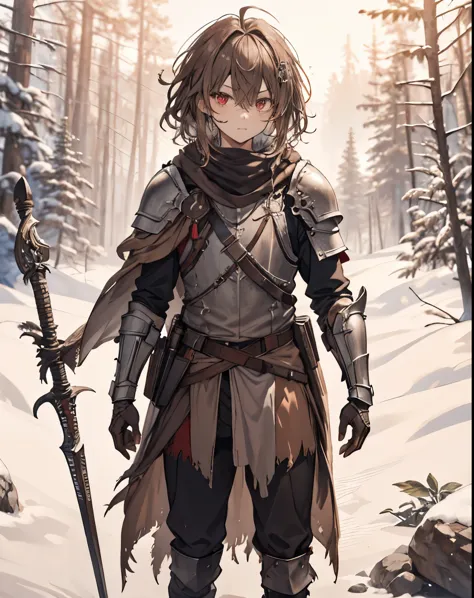 masterpiece, 1men, sparrow, a brown haired men, wearing a black teutonic medieval armored knight, curly medium hair, messy hair, slim body, wearing knight clothes, he close her left eye, shirt ornament, serious expression, red eyes, stand at snowy forest, ahoge, grey vest, shawl, full armor, bring big shield in his back, beautiful eyes