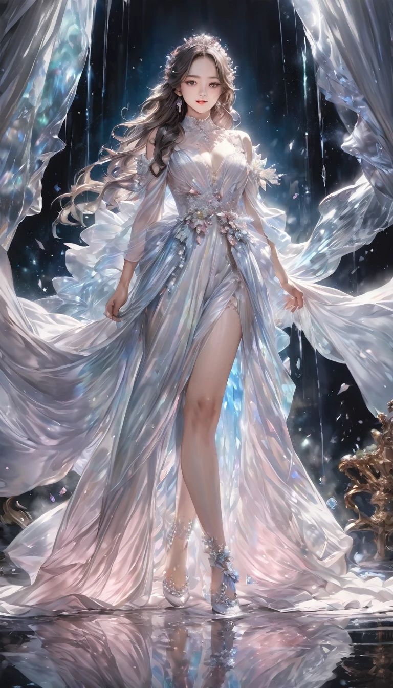 Ultra-realism, Smile,Watercolor style, Dark fantasy, mysterious, break Emphasizing the presence of the subject, Detailed and vivid depiction, Detailed and realistic skin texture, mysterious, break Crystal Clear, ガラスのようなReflection of light, Silky luster, Transparent pastel colors, Transparency, For great images, mysterious, break (A girl flying through the night sky towards the moon:2.0, mysterious), beautiful, Captivate the whole audience, break Highest Quality, Highest quality, Highest Resolution, Perfect dynamic composition, Shoot from the most attractive perspective, break [Succubus|sun], ((Wearing an evening dress)), (Long Hair, Platinum Gradient:1.3), (Attractive brown eyes,) Indifference, kind, mysterious, break Strong and fleeting eyes, 高いTransparency, Reflection of light, Transparent luster, beautiful, break Detailed and beautiful skin texture, Expressing an attractive softness, beautiful, break Luxury Costume, The suppleness of silk, Silk texture, Silk luster, Crystal Clear, beautiful, break Ultra-realism,Delicate depiction, Highest quality, Highest Resolution, break Emphasizing the presence of the subject, Fantastic Fog, Transparent light, break High contrast, Cinematic Lighting Effects, Fantastic iridescent colors, Black light, Holographic, break (Dynamic wide-body shot:1.4, Ankles inside the frame:1.3), Surprise all the viewers、Let&#39;s impress,