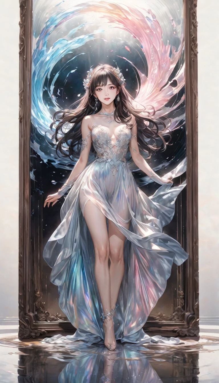 Ultra-realism, Smile,Watercolor style, Dark fantasy, mysterious, break Emphasizing the presence of the subject, Detailed and vivid depiction, Detailed and realistic skin texture, mysterious, break Crystal Clear, ガラスのようなReflection of light, Silky luster, Transparent pastel colors, Transparency, For great images, mysterious, break (A girl flying through the night sky towards the moon:2.0, mysterious), beautiful, Captivate the whole audience, break Highest Quality, Highest quality, Highest Resolution, Perfect dynamic composition, Shoot from the most attractive perspective, break [Succubus|sun], ((Wearing an evening dress)), (Long Hair, Platinum Gradient:1.3), (Attractive brown eyes,) Indifference, kind, mysterious, break Strong and fleeting eyes, 高いTransparency, Reflection of light, Transparent luster, beautiful, break Detailed and beautiful skin texture, Expressing an attractive softness, beautiful, break Luxury Costume, The suppleness of silk, Silk texture, Silk luster, Crystal Clear, beautiful, break Ultra-realism,Delicate depiction, Highest quality, Highest Resolution, break Emphasizing the presence of the subject, Fantastic Fog, Transparent light, break High contrast, Cinematic Lighting Effects, Fantastic iridescent colors, Black light, Holographic, break (Dynamic wide-body shot:1.4, Ankles inside the frame:1.3), Surprise all the viewers、Let&#39;s impress,