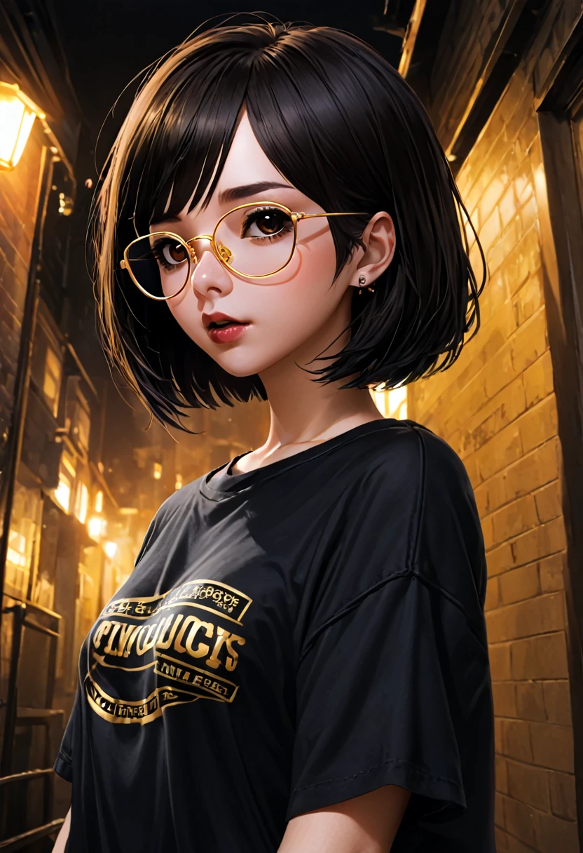 1girl, woman, emo_hairstyle, black lipstick, dog collar, eyeliner, eye shadow, smoky eyes,black hair, , bob style hair cut, brown eyes, gold glasses, realistic lighting, school, shirt , necktie, skirt, black tighhighs, short hair, flat chest, shiny skin, smug, smirk., siting on couch legs open