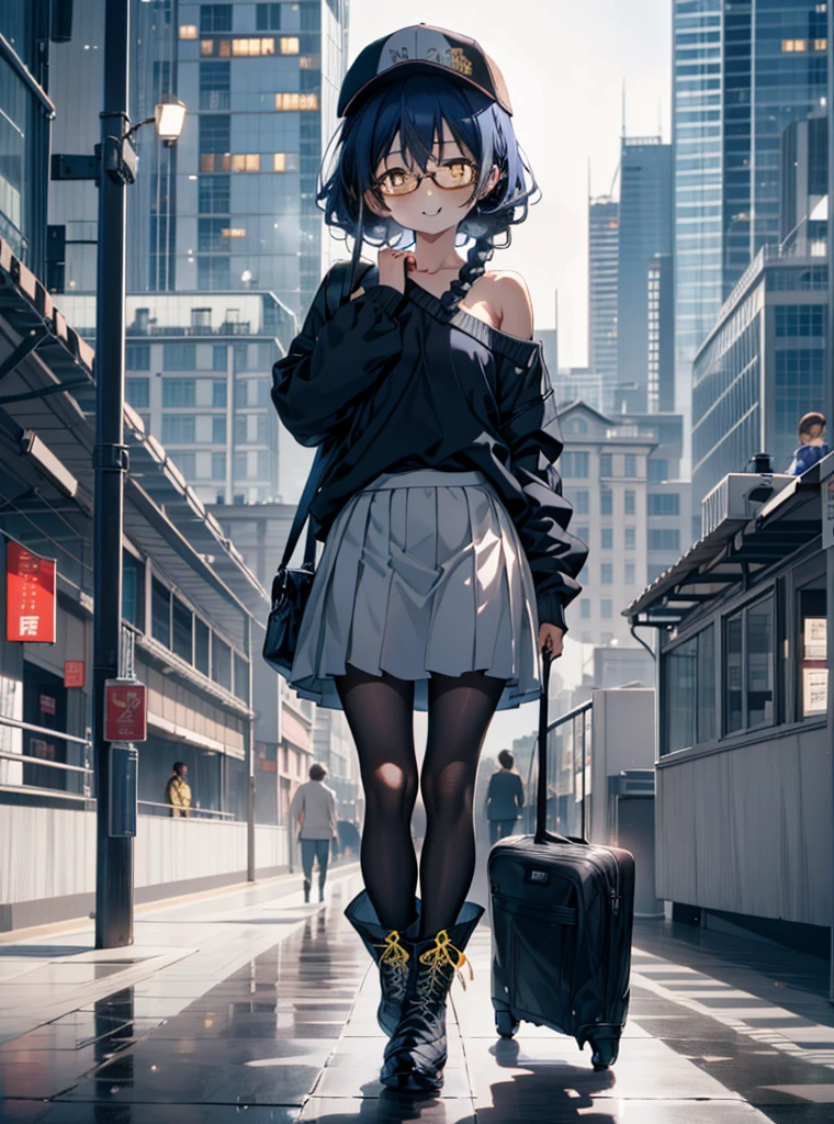 you like it, Umi Sonoda, Long Hair, Blue Hair, (Yellow Eyes:1.5) (Flat Chest:1.2),Blue one-shoulder sweater,Long skirt,Black Pantyhose,short boots,Baseball cap,Black-rimmed glasses,Long braids,smile,walk,morning,morning陽,The rising sun,On the way to school,whole bodyがイラストに入るように,
break looking at viewer,whole body,
break outdoors, station,
break (masterpiece:1.2), Highest quality, High resolution, unity 8k wallpaper, (shape:0.8), (Beautiful attention to detail:1.6), Highly detailed face, Perfect lighting, Extremely detailed CG, (Perfect hands, Perfect Anatomy),