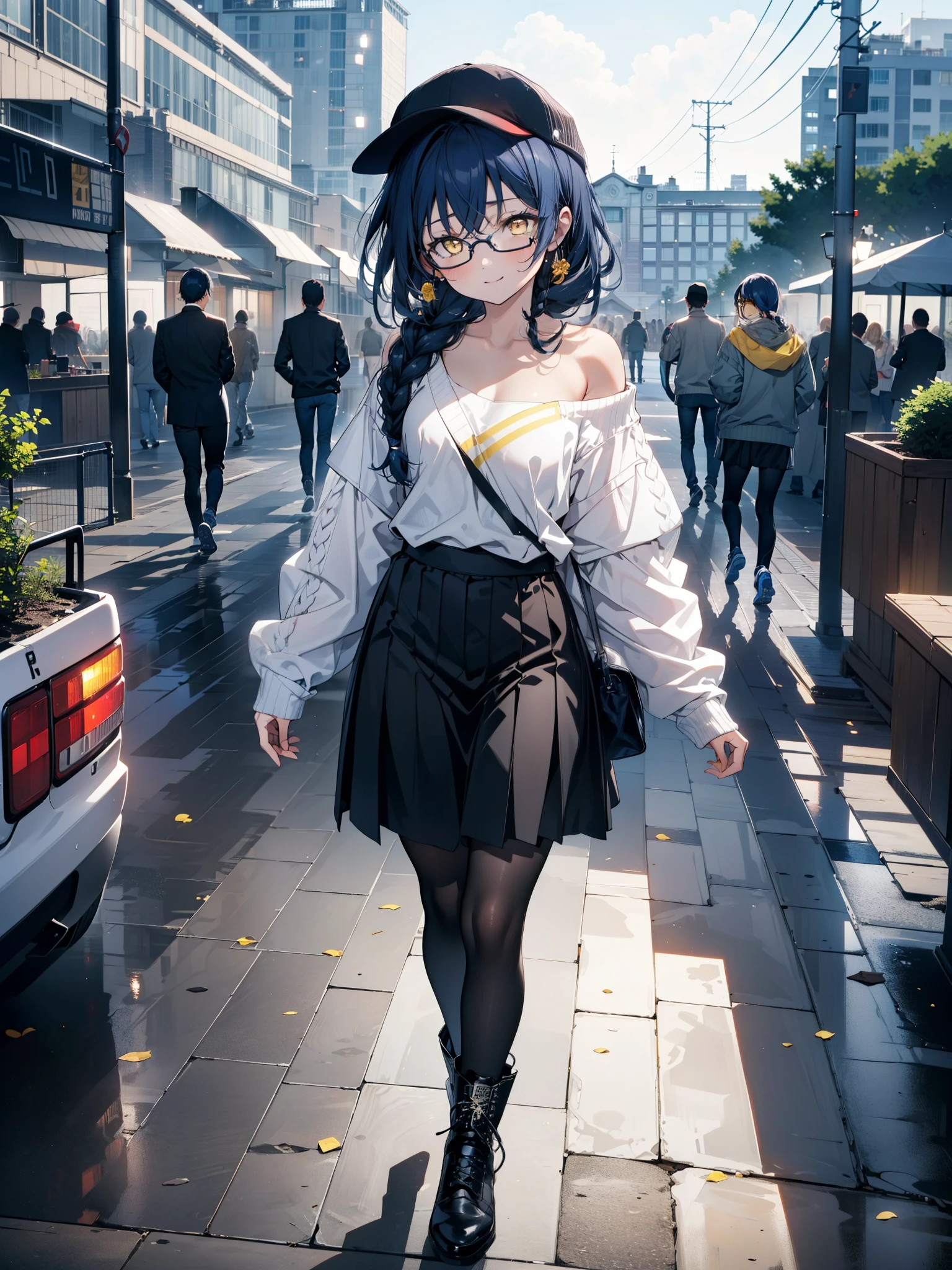 vous l&#39;aimez, Umi Sonoda, cheveux longs, Cheveux bleus, (les yeux jaunes:1.5) (poitrine plate:1.2),Pull asymétrique bleu,Jupe longue,collants noirs,bottes courtes,Casquettes de baseball,Lunettes à monture noire,Longues tresses,sourire,marche,matin,matin陽,Le soleil se lève,Sur le chemin de l&#39;école,tout le corpsがイラストに入るように,
casser looking at viewer,tout le corps,
casser outdoors, Gare,
casser (chef-d&#39;œuvre:1.2), la plus haute qualité, haute résolution, unité 8k fond d&#39;écran, (chiffre:0.8), (Belle attention aux détails:1.6), Visage très détaillé, éclairage parfait, CG très détaillé, (des mains parfaites, Anatomie parfaite),