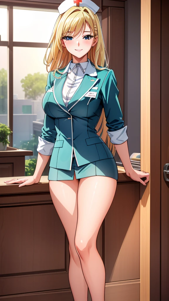 (of the highest quality:1.5, high resolution, 超high resolution, 4k, detailed lighting, Shaders, perfect hand anatomy), blonde straight hair, big breasts, nurse uniform, neckline, Thighs, SMILE, to throw, close up photography, They are standing, Hospital history