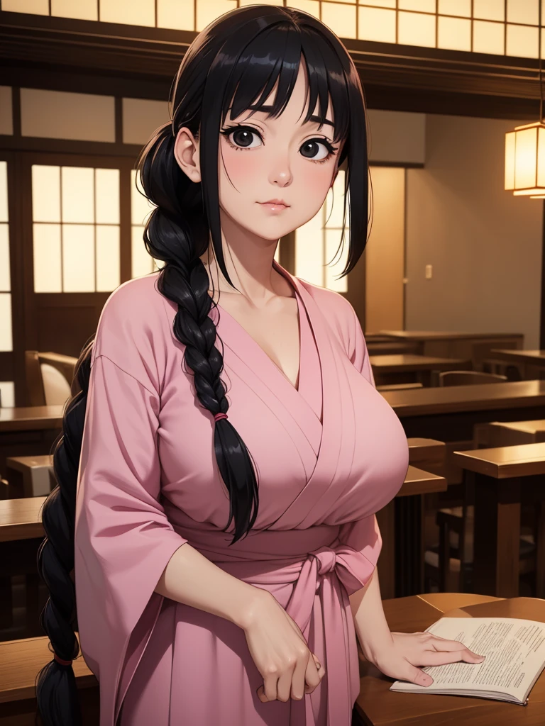 1 middle-aged woman,dimly lit waitress,Posing,Cute,upward-eyed,Long hair,Ponytail,large Braided hair,Black hair,Black eyes,from the front side,Indoors,masuterpiece, extremely fine and beautiful,Japanese,(huge chest:1.3),Junji Ito&#39;s painting