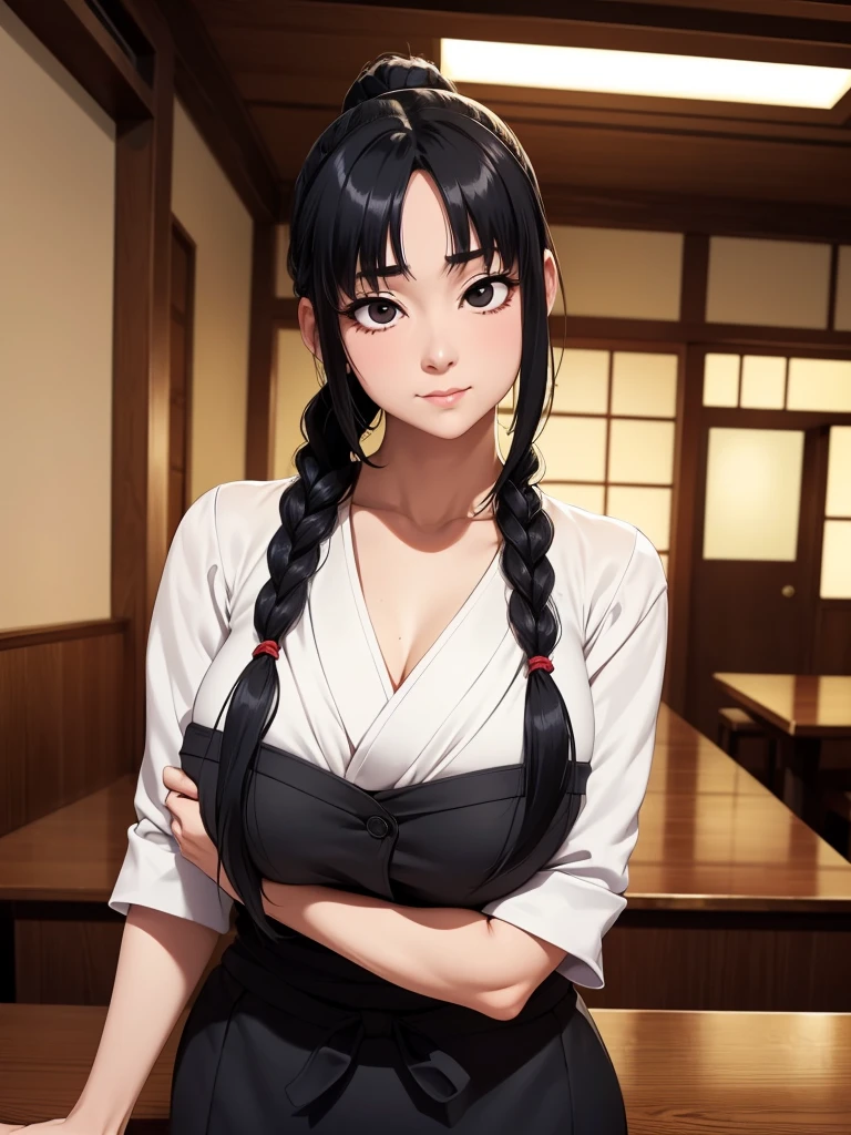 1 middle-aged woman,dimly lit waitress,Posing,Cute,upward-eyed,Long hair,Ponytail,large Braided hair,Black hair,Black eyes,from the front side,Indoors,masuterpiece, extremely fine and beautiful,Japanese,(huge chest:1.3),Junji Ito&#39;s painting