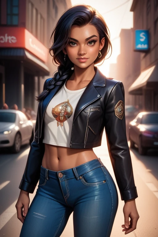 Woman with an athletic and toned physique; striking features with high cheekbones; green eyes; long, dark hair often styled in intricate braids; olive skin; best quality; trending on artstation; complex volumetric lighting; strong shadows; artistic lighting; dynamic; energetic vibe; realistic skin; specular highlights; micro-textures; highly detailed hair; posing confidently by the city docks; leather jacket; gang leader; denim jeans