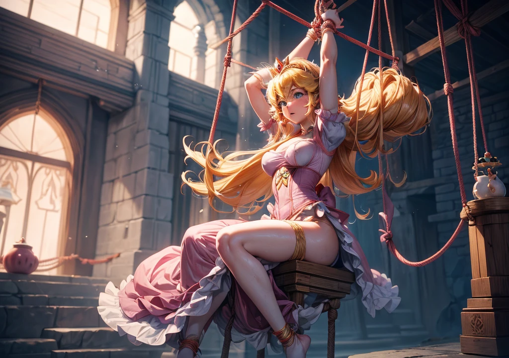 Princess peach,hanging from the ceiling with her arms tied by a rough rope、perspiring、Ropes tied her body、a wet body、Rough rope that cuts into the crotch, Strongly tied up、Hands tied、legs hanging down in shackles, legs straight down, no floor, pink clothes.