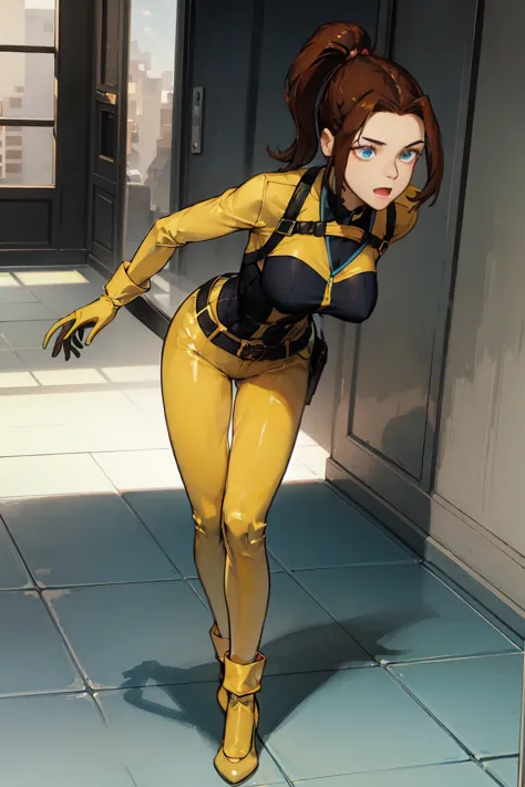 ((full body photo, standing, on the floor))kittypryde_shadowcat_ownwaifu, 1girl, brown hair, ponytail, lipstick, blue eyes, make...