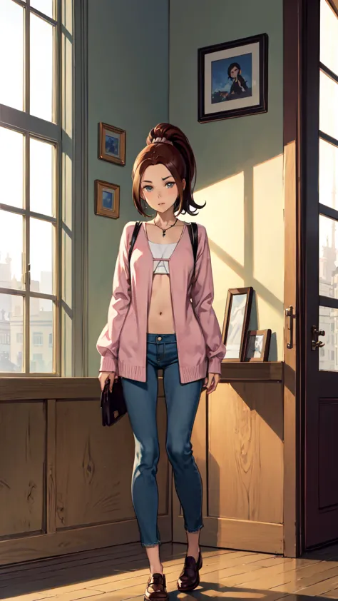 ((full body photo, standing, on the floor)) kittypryde_dress_ownwaifu, 1girl, brown hair, ponytail, necklace, jewelry, blue eyes...