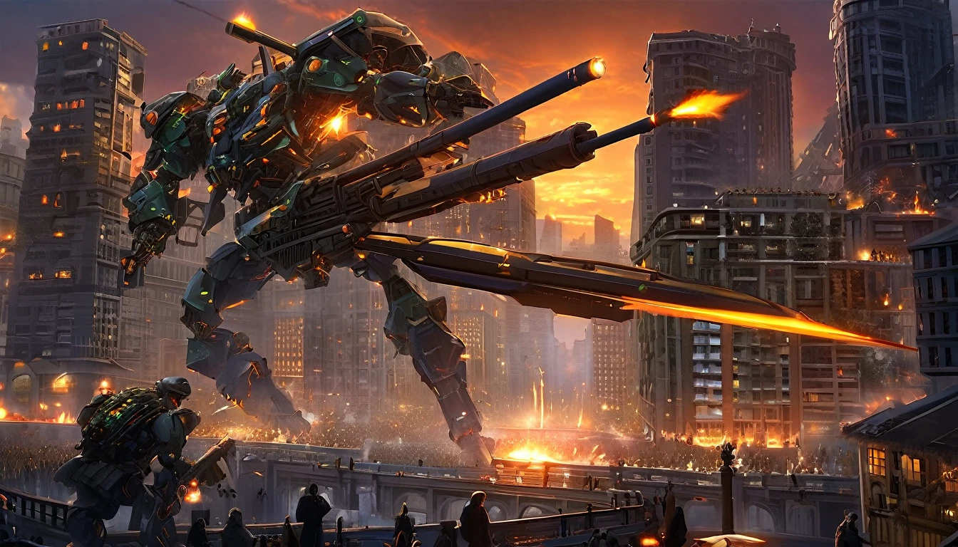 (RRS:1.7),(BRS:1.5), mecha ,(city:2),(mecha even bigger than buildings:2),(MECHA-BACK-UNIT:1.5),(heroic armor:2), (ultra-detailed mecha armor:2), (detailed armor description:2), (glowing:1.5), (battlefield:2), (full body:1.2), clenched hand, mechanical parts,  (mechanical parts:1.5), (robot joints:1), (military parts:1.5), (heroic parts:1.5), best quality, masterpiece, highly detailed, ultra-detailed,(Detailed eye description:1.2),(huge mechanical weapon:1.3),(detailed weapon description:1.2),(huge mechanical gun:1.2), (holding weapon :1.3)