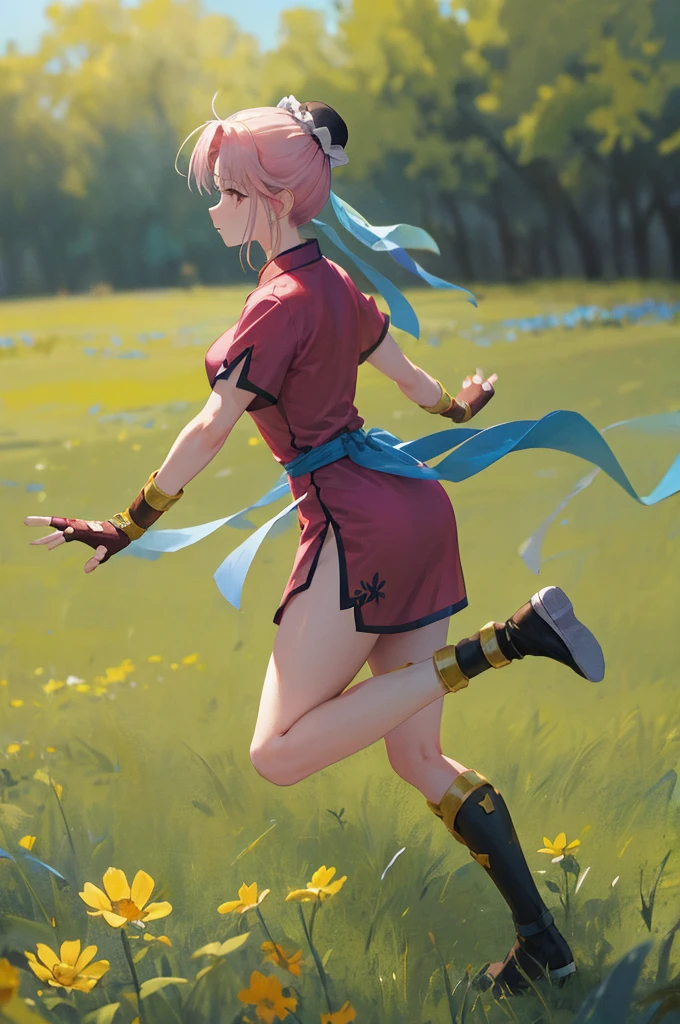 masterpiece, Highest quality, martialMaam, Hair Bun, short hair, China dress, Short sleeve, sash, Fingerless gloves, Combat Stance, From the side, View your viewers, slender, blue sky, Field, Standing on one leg