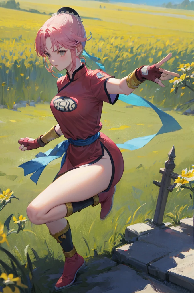 masterpiece, Highest quality, martialMaam, Hair Bun, short hair, China dress, Short sleeve, sash, Fingerless gloves, Combat Stance, From the side, View your viewers, slender, blue sky, Field, Standing on one leg