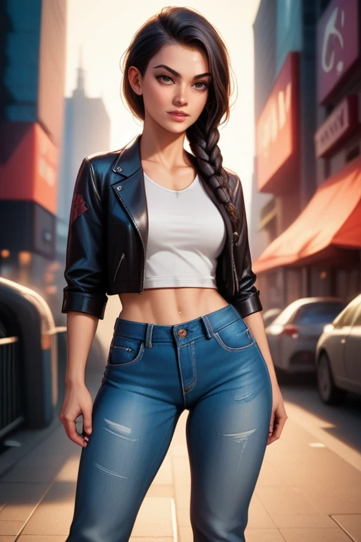 Woman with an athletic and toned physique; striking features with high cheekbones; green eyes; long, dark hair often styled in intricate braids; 'light olive' skin; best quality; trending on artstation; complex volumetric lighting; strong shadows; artistic lighting; dynamic; energetic vibe; realistic skin; specular highlights; micro-textures; highly detailed hair; posing confidently by the city docks; leather jacket; gang leader; denim jeans